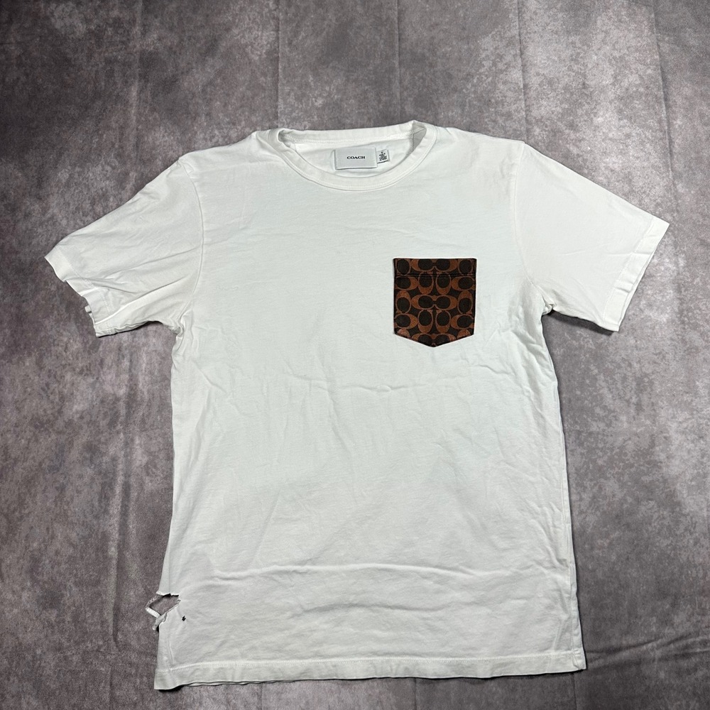 Coach Mens M White Signature Monogram Pocket T-Shirt Short Sleeve Tee Luxury